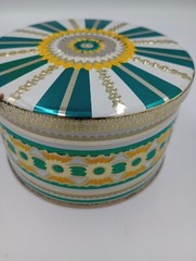Vintage Art Deco 1930s Colorful Tin Container Round Storage Teal Yellow Silver