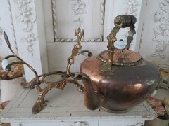 Old Copper TILTING TEA KETTLE on Ornate BRASS STAND White Porcelain Handles