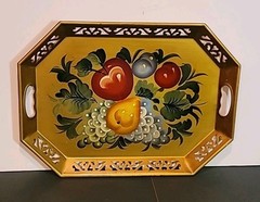 Vtg Toleware Metal Octagon Gold Tray Hand Painted Fruit Reticulated Handles