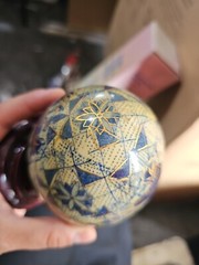 Vintage Handpainted Cloisonné Egg Blue White Gold Floral Geometric Design