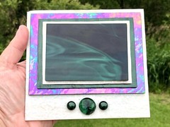 Modernist Art Glass Jackie Russo Iridescent Rainbow Green Glass Wall Art RARE