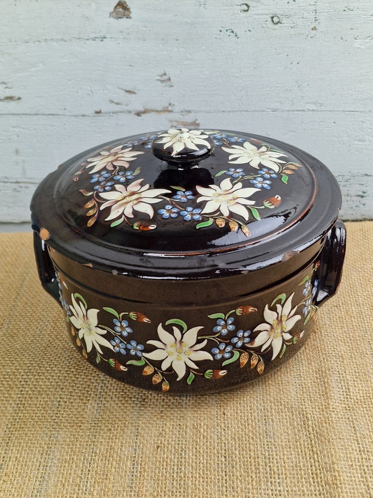 Antique Swiss Thoune Lidded Pot Edelweiss Design Signed For Restoration