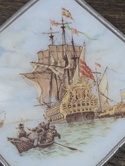 Antique 1910 Reverse-Paint Glass Galleon Ship Scene Edwardian Wall Decor Plaque