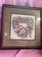Vintage 1990s Home Interior Picture Pink Rose Heart Wreath