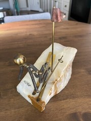Vintage John DeMott Signed Metal Downhill Skier Sculpture Quartz Base 8.5” Tall