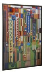 Frank Lloyd Wright Metal Framed Saguaro Cactus Flowers Stained Glass Wall Decor