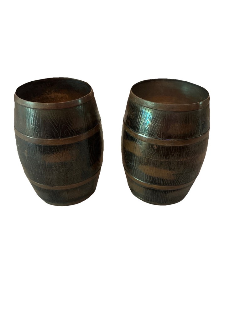 VINTAGE RARE SET OF 2 STYSON METAL BARREL MUGS MADE IN OCCUPIED JAPAN, 1950