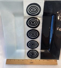 Vintage Modernist Black White Geometric Fused Glass Plate Tray 12.75” X 12.75”