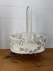 Vintage Tole Style Rose Basket Metal Shabby Chic Cottage Decor