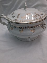Vtg Ornate Chamber Pot With Lid White with Gold floral design, Victorian?