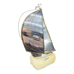 Mid Century De Mott Brass Metal Sailboat Brutalist Sculpture on Onyx Base W Tag