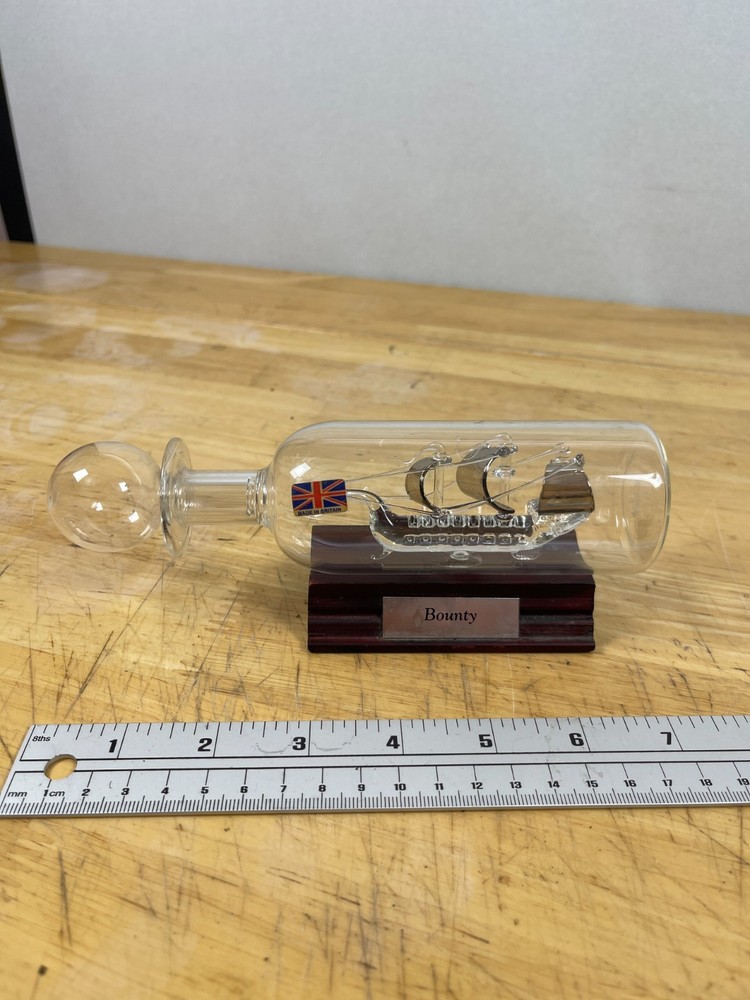 Vintage Blown Glass Ship in Bottle Bounty Made in Britain Wood Base Decor
