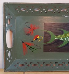 VTG MCM Pierced Metal Toleware Tole Serving Tray Handpainted Fish and Lures VGUC