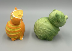 Set of 2 Enesco Home Grown Orange Tabby Cat & Green Cabbage Pig Figurines No Box