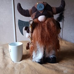 Viking Gnome Plush Doll w/ Horned Helmet & Axe, Brown Black White Gray