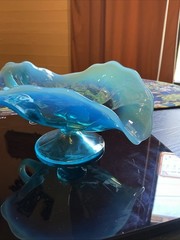 Antique 7” Dugan Glass Blue Opalescent Rayed Jane Footed Nappy Dish