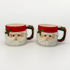 Set 2 Fitz And Floyd Classic Santa Christmas Mugs Vtg Holly & Branch Handle 1979
