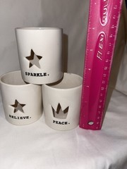 Rae Dunn Set Of 3 Ceramic Believe Sparkle Peace Votive Candle Holders Magenta