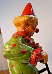 Vintage CLOWN ON BIG WHEEL Bicycle + display stand 16″ tall unbranded