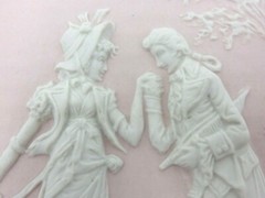 SET OF 2 ANTIQUE STYLE HIGH RELIEF BISQUE PORCELAIN PLAQUES OF COURTING COUPLE