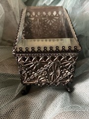 Antique French Thick Beveled Glass Jewelry Casket Metal Ormolu Trinket Box