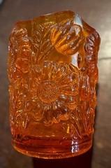 VTG Amberina Orange Daisy Tulip Glass Votive Toothpick Holder 2 1/2 Floral Glows