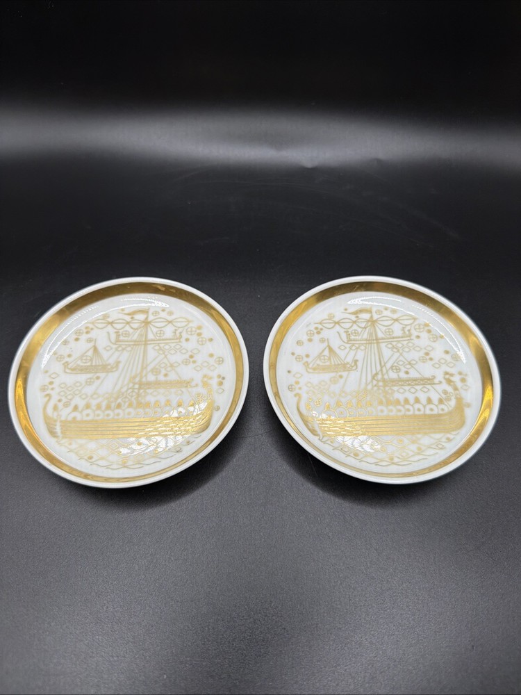 2 Vtg Porcelain Porsgrund Norway Viking Ships 4″ Mini Plate Trinket Dish Coaster