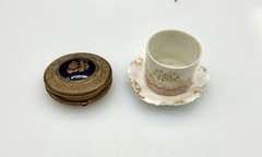 Limoges France black enamel and gold compact, plate and unknown mfr stamp holder