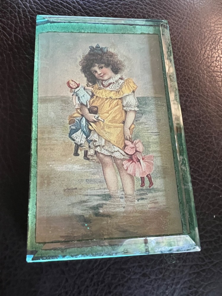 1940s blue Green glass rectangular child with dolls Victorian print paperweight