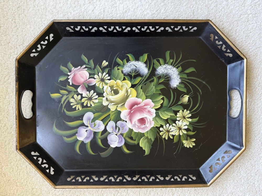 VTG Hand Painted Floral Toleware Tray Large 16″ x 22″