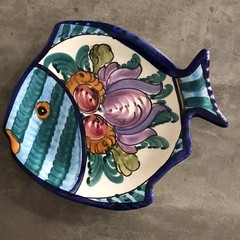 Hand Painted Pottery Fish Greece Blue Artsy Decor Nautical Coastal Trinket Dish