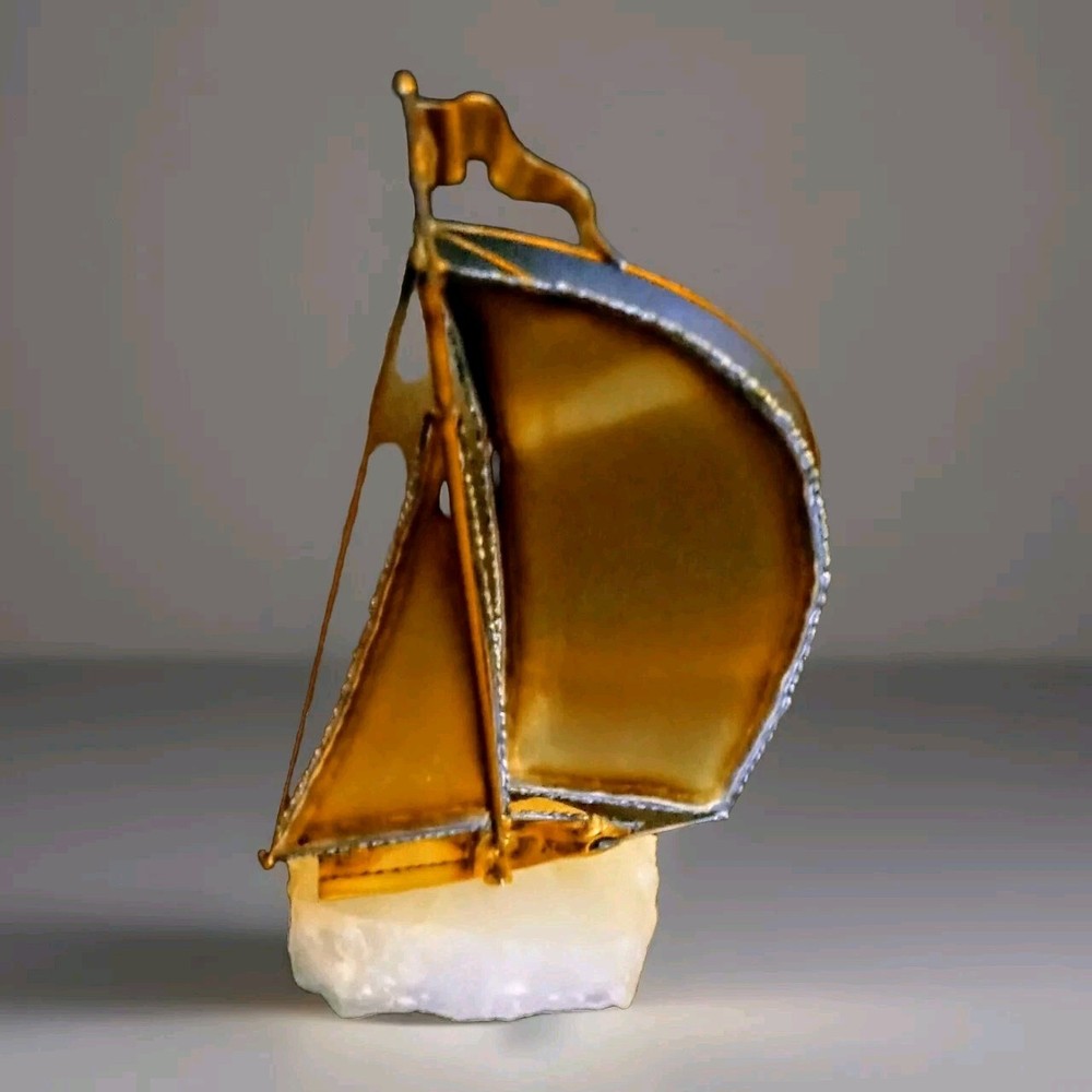 Vintage 70’s John Demott Brass Copper Sculpture Sailboat On Onyx Stone Signed