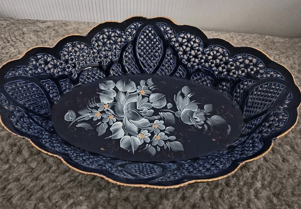 Jantezi Lux Delicate Porcelain Lattice Dish Cobalt Blue Hand Painted Budapest