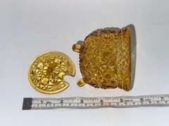 EAPG Glass 3 Footed Bowl Amber Daisy & Button Cauldron Dish with lid 3” VTG
