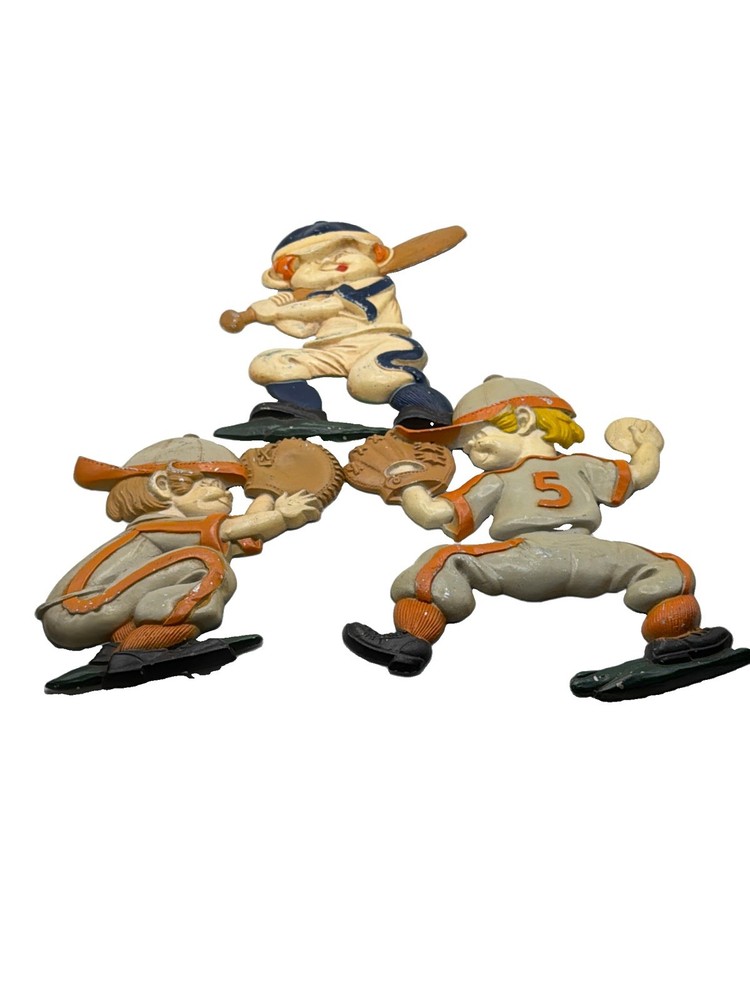 3 pc Vintage SEXTON Aluminum Metal Baseball Player Wall Hanging Plaque set
