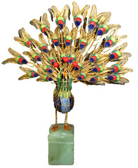 VINTAGE Cloisonne Enamel Peacock Gold Filigree Sculpture Carved Green Stone Base