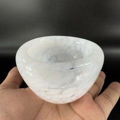 Hand Blown Art Glass Round Dish Bowl Heavy Small White Spots Hand Made Hollow