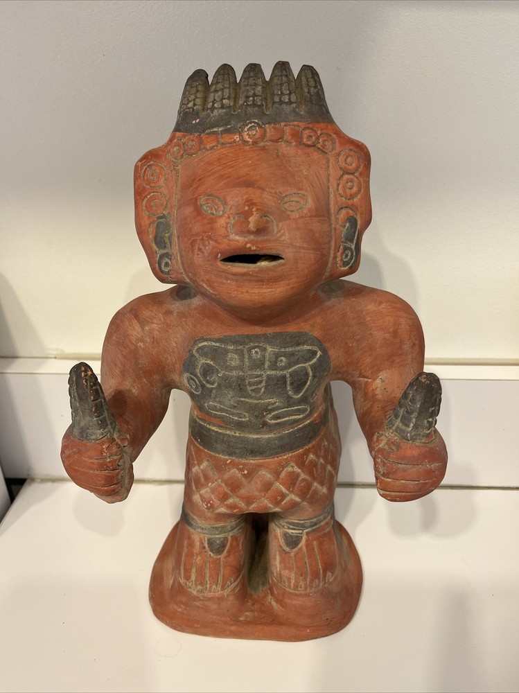 Large Pre-Columbian Replica Clay Ceramic Painted Altarpiece Maize Man God