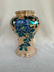Art Deco Lusterware Vase Hand Painted Flowers Blue & Orange 8″ x 6″