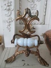 Old Copper TILTING TEA KETTLE on Ornate BRASS STAND White Porcelain Handles
