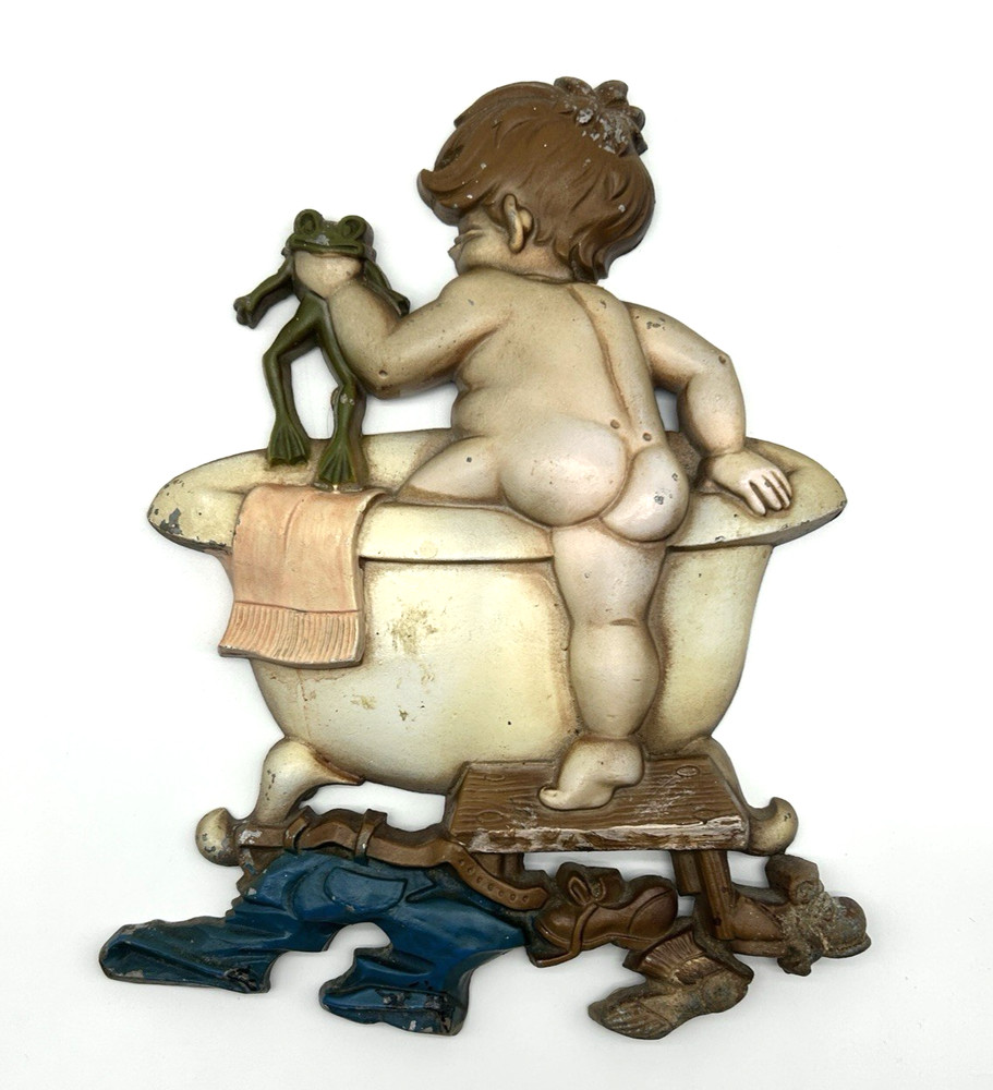 RARE Sexton 1970 Cast Metal Wall Hanging Art Little Boy Frog Taking A Bath Tub