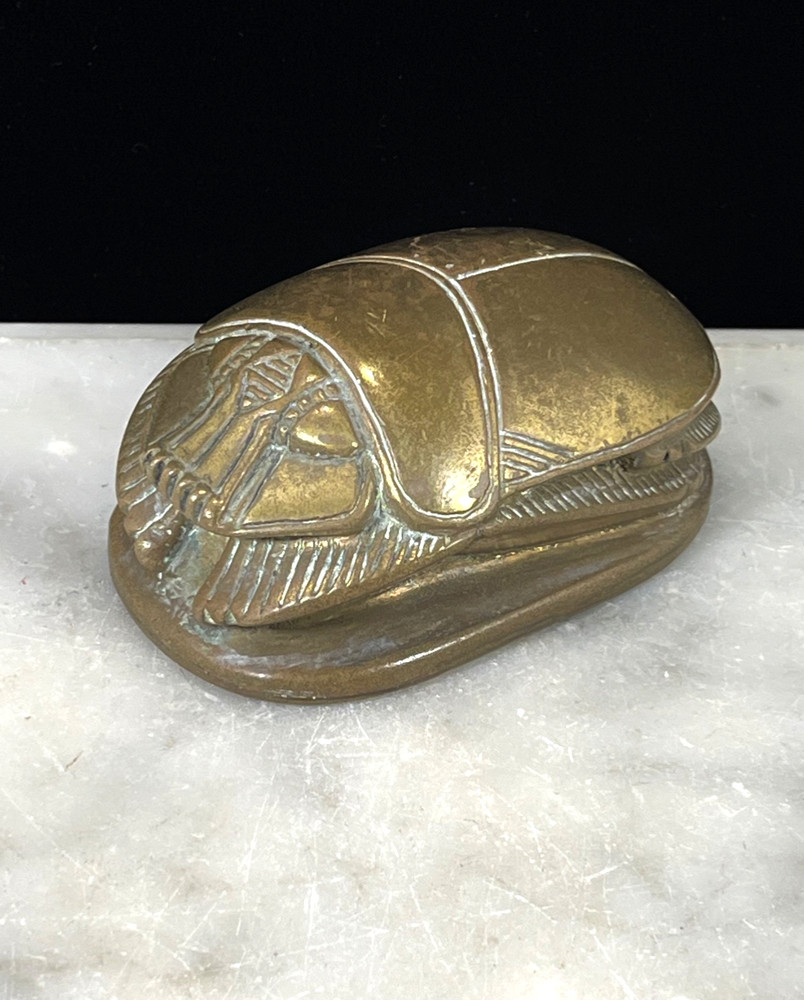 Brass Egyptian Scarab Beetle Hieroglyphics base Paperweight 3.5” Heavy VTG