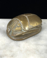 Brass Egyptian Scarab Beetle Hieroglyphics base Paperweight 3.5” Heavy VTG