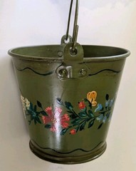 Vintage 1980 Green Toleware Metal Bucket With Hand Painted Flowers Signed