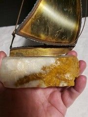 John Demott Signed Single Sail Brass Sailboat Mounted Onyx Stone w/ Seagull VTG