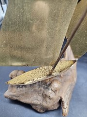 Demott Brass Sailboat Signed Driftwood Base Metal Art Pennant 60s Vtg
