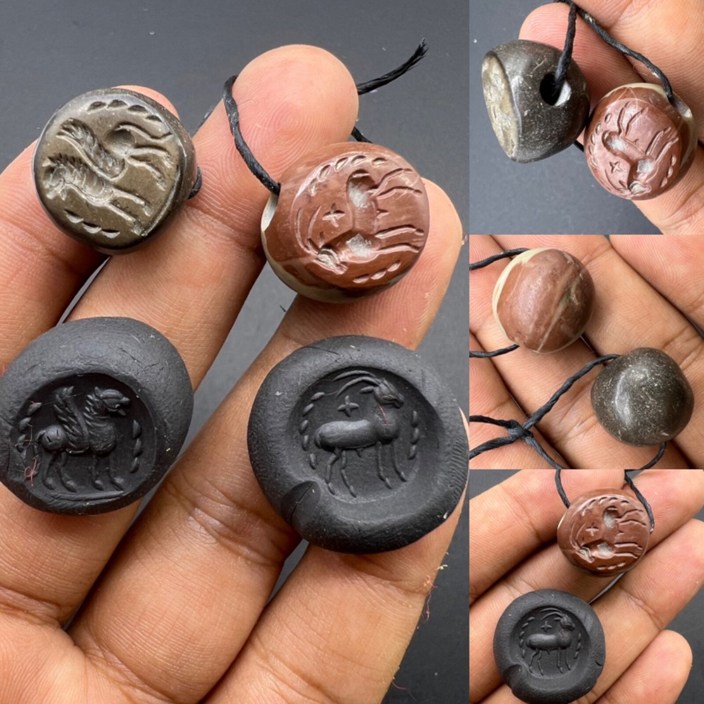 Jasper Stone Pair Of Old Ancient Sassanian Era Different Intaglios Stamp Beads