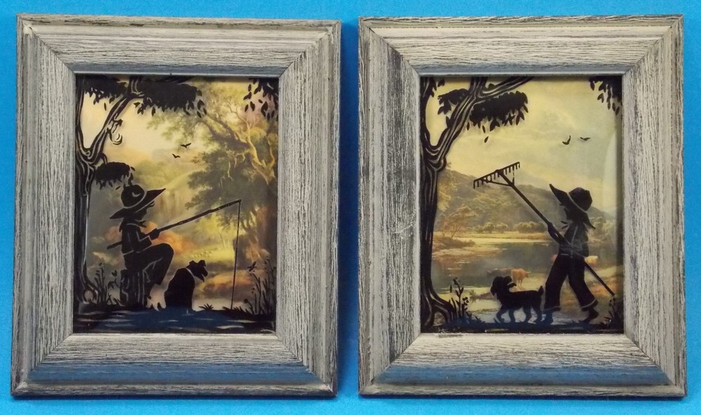 Pair Reverse Painted Silhouettes Framed Bubble Glass Small Country Boy W/Dog1930