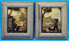 Pair Reverse Painted Silhouettes Framed Bubble Glass Small Country Boy W/Dog1930