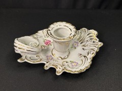 Exquisite Vintage Handled Candlestick Holder Heavy Gilt Trim Reticulated China